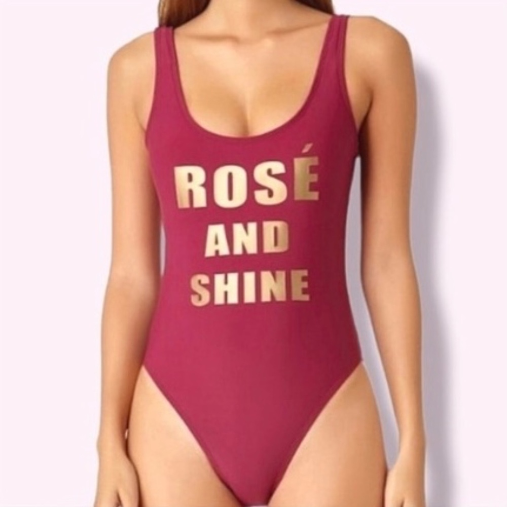 Cali for Nia “Rosé and Shine” One Piece Swimsuit NWT Magenta Gold Graphic, M